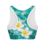 White And Yellow Plumeria In Water Print Women's Sports Bra