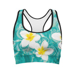 White And Yellow Plumeria In Water Print Women's Sports Bra
