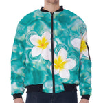 White And Yellow Plumeria In Water Print Zip Sleeve Bomber Jacket