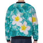White And Yellow Plumeria In Water Print Zip Sleeve Bomber Jacket
