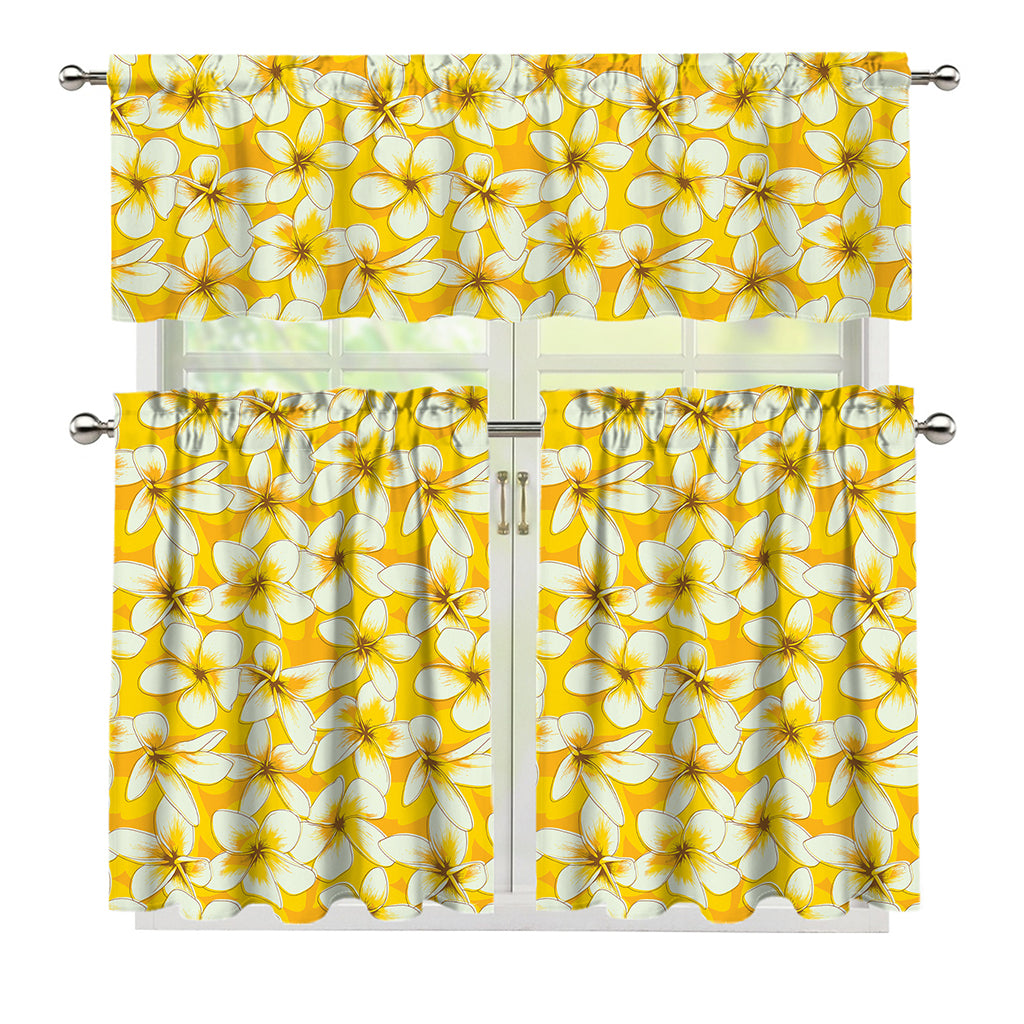 White And Yellow Plumeria Pattern Print 3 Piece Kitchen Curtains
