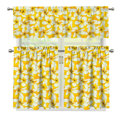 White And Yellow Plumeria Pattern Print 3 Piece Kitchen Curtains