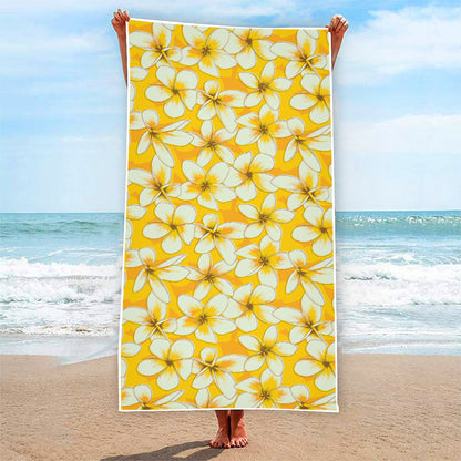 White And Yellow Plumeria Pattern Print Beach Towel