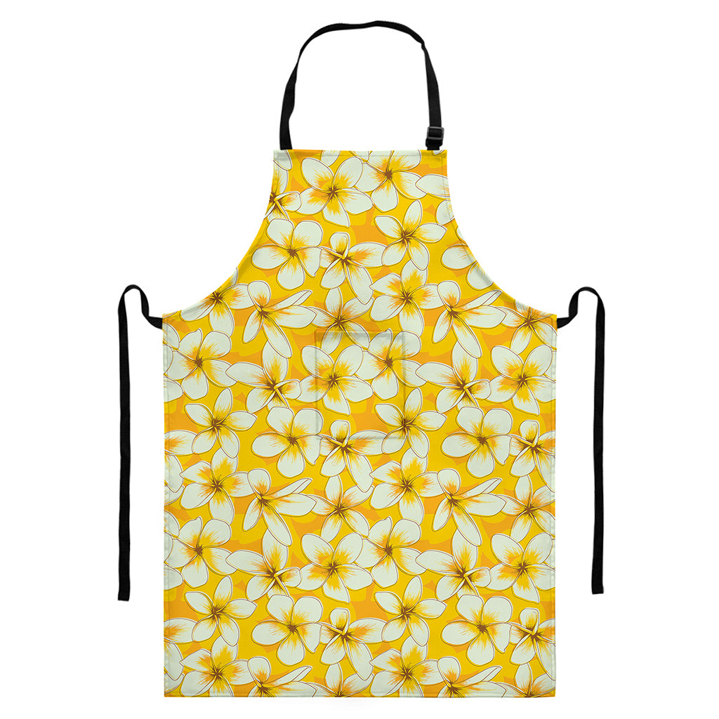 White And Yellow Plumeria Pattern Print Bib Apron With Pocket