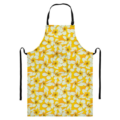 White And Yellow Plumeria Pattern Print Bib Apron With Pocket
