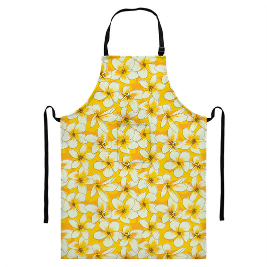 White And Yellow Plumeria Pattern Print Bib Apron With Pocket