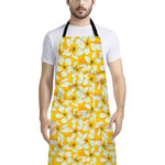 White And Yellow Plumeria Pattern Print Bib Apron With Pocket