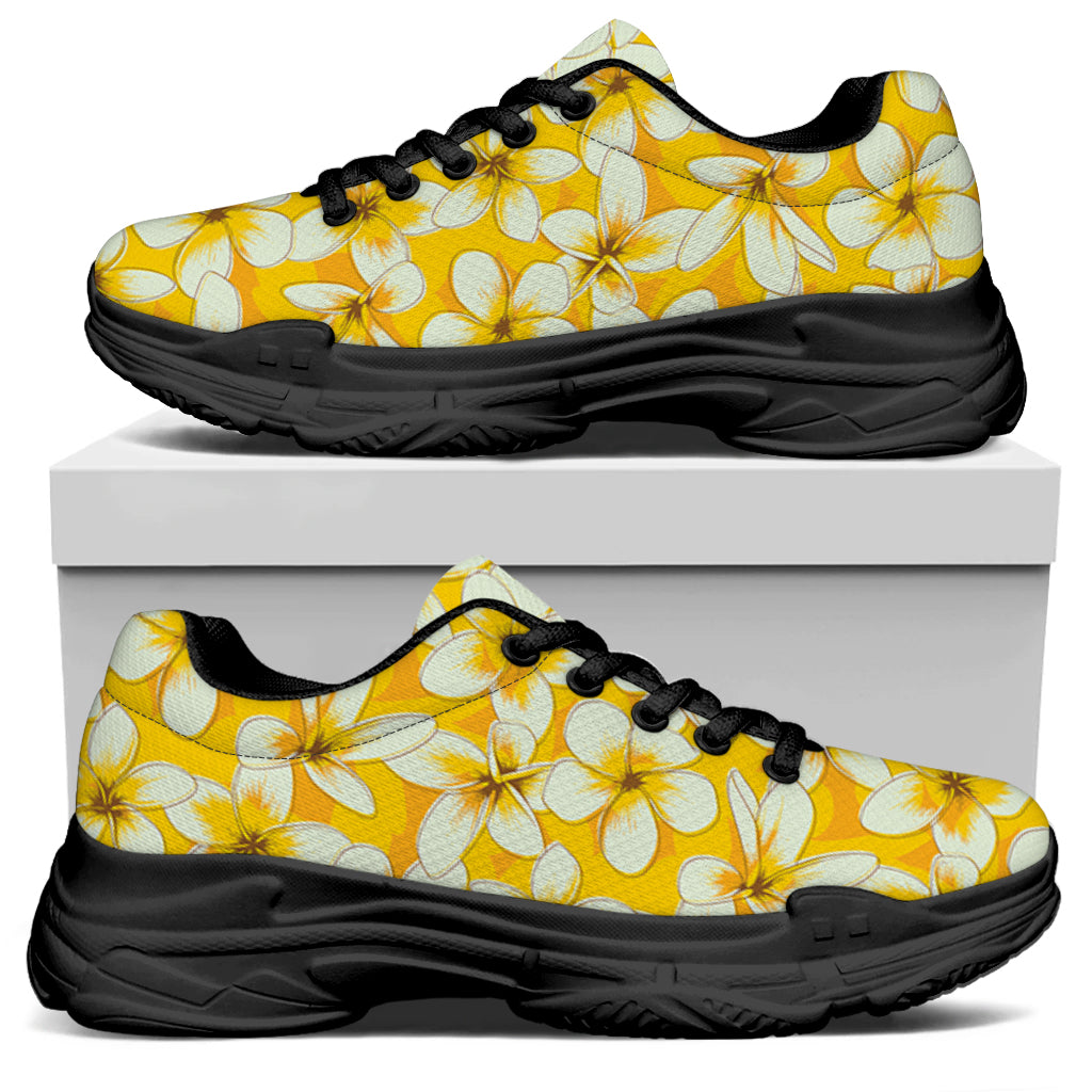 White And Yellow Plumeria Pattern Print Black Chunky Shoes