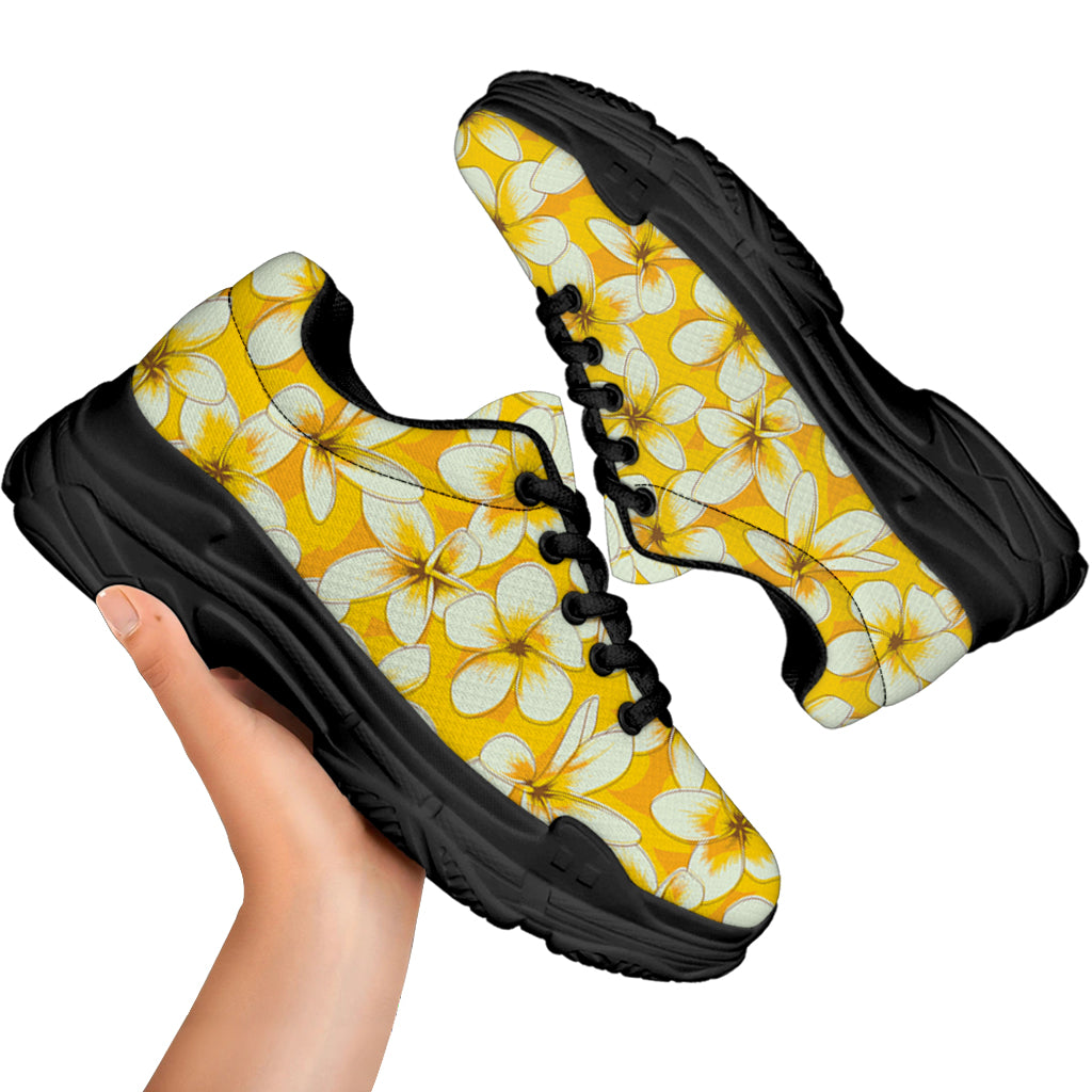 White And Yellow Plumeria Pattern Print Black Chunky Shoes