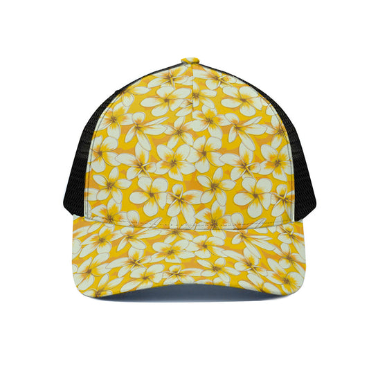 White And Yellow Plumeria Pattern Print Black Mesh Trucker Cap
