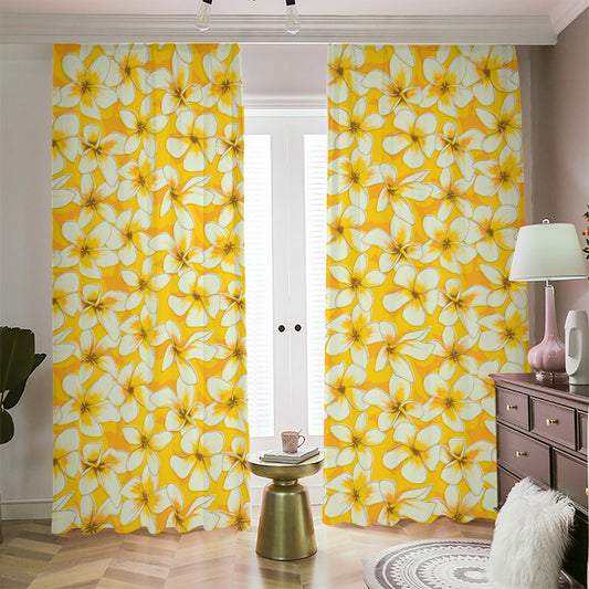 White And Yellow Plumeria Pattern Print Blackout Pencil Pleat Curtains