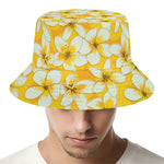 White And Yellow Plumeria Pattern Print Bucket Hat