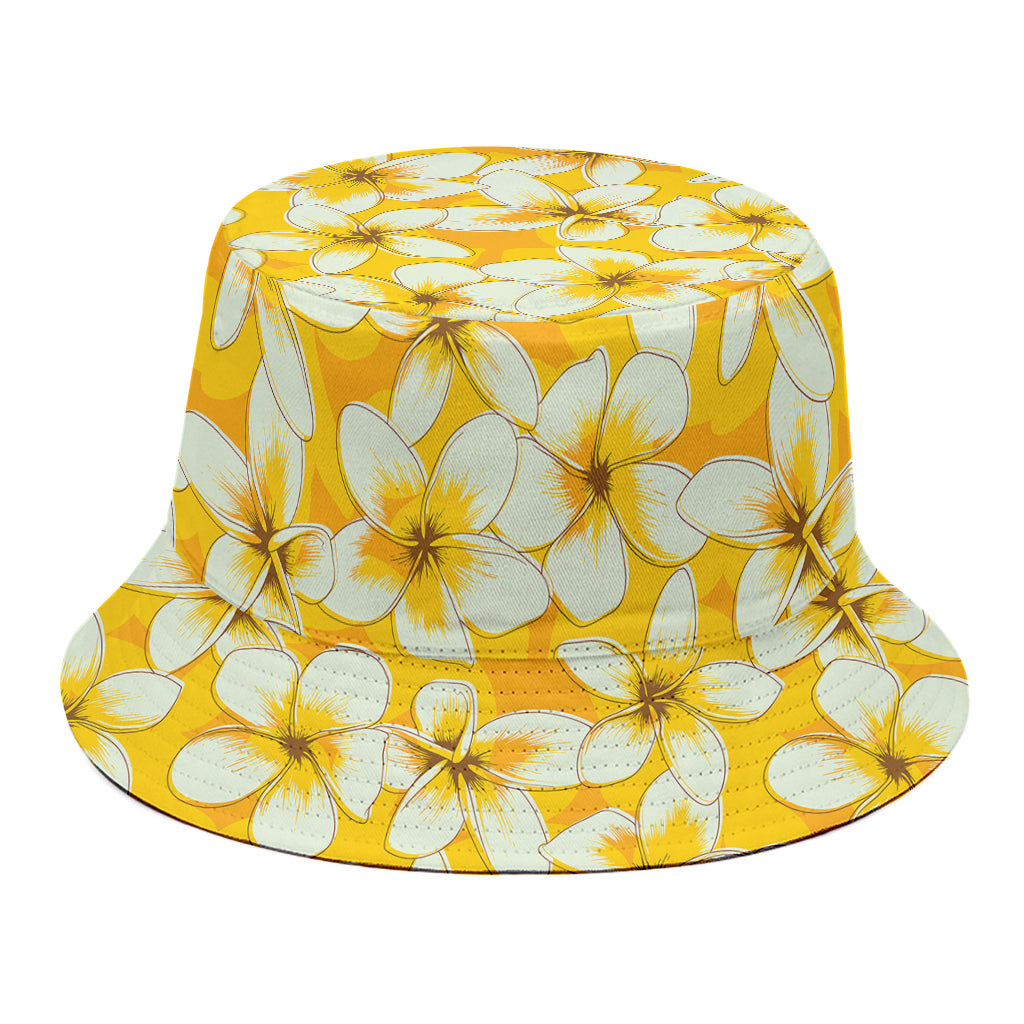 White And Yellow Plumeria Pattern Print Bucket Hat