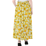 White And Yellow Plumeria Pattern Print Chiffon Maxi Skirt