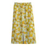 White And Yellow Plumeria Pattern Print Cotton Front Slit Maxi Skirt