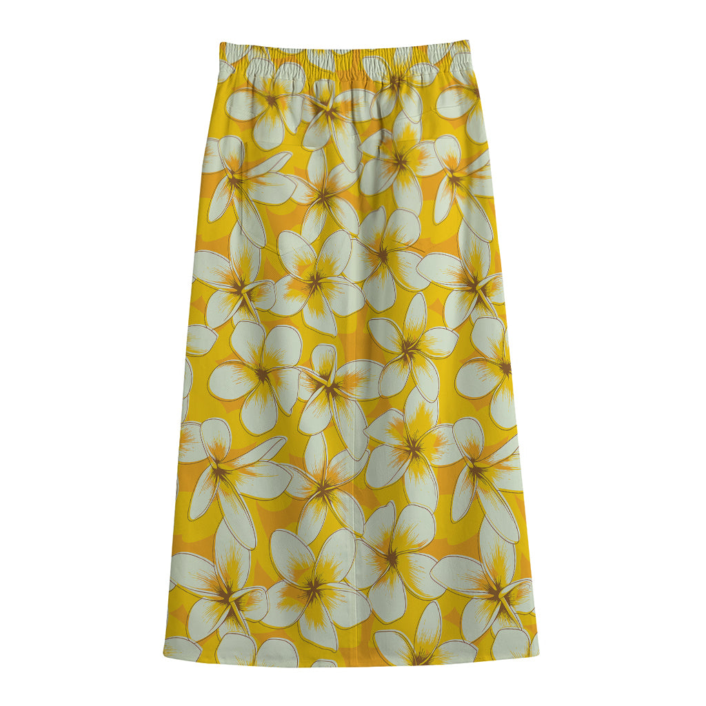 White And Yellow Plumeria Pattern Print Cotton Front Slit Maxi Skirt