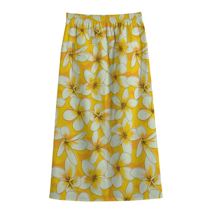 White And Yellow Plumeria Pattern Print Cotton Front Slit Maxi Skirt