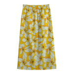 White And Yellow Plumeria Pattern Print Cotton Front Slit Maxi Skirt