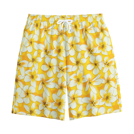 White And Yellow Plumeria Pattern Print Cotton Shorts