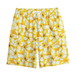 White And Yellow Plumeria Pattern Print Cotton Shorts