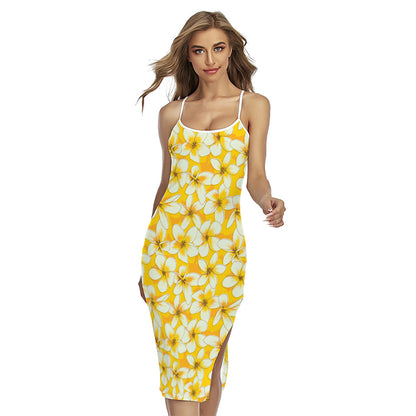 White And Yellow Plumeria Pattern Print Cross Back Cami Dress