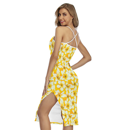 White And Yellow Plumeria Pattern Print Cross Back Cami Dress