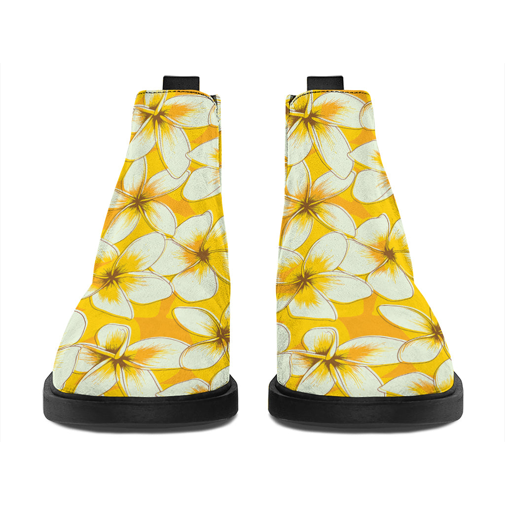 White And Yellow Plumeria Pattern Print Flat Ankle Boots