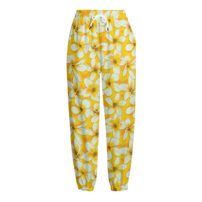 White And Yellow Plumeria Pattern Print Fleece Lined Knit Pants