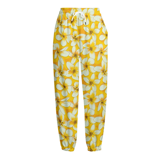 White And Yellow Plumeria Pattern Print Fleece Lined Knit Pants