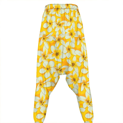 White And Yellow Plumeria Pattern Print Hammer Pants