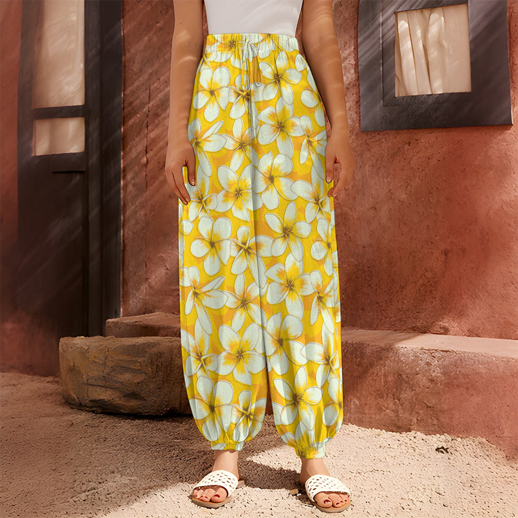 White And Yellow Plumeria Pattern Print Harem Pants