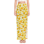 White And Yellow Plumeria Pattern Print High Slit Maxi Skirt