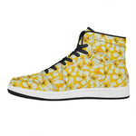 White And Yellow Plumeria Pattern Print High Top Leather Sneakers