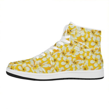 White And Yellow Plumeria Pattern Print High Top Leather Sneakers