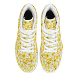 White And Yellow Plumeria Pattern Print High Top Leather Sneakers
