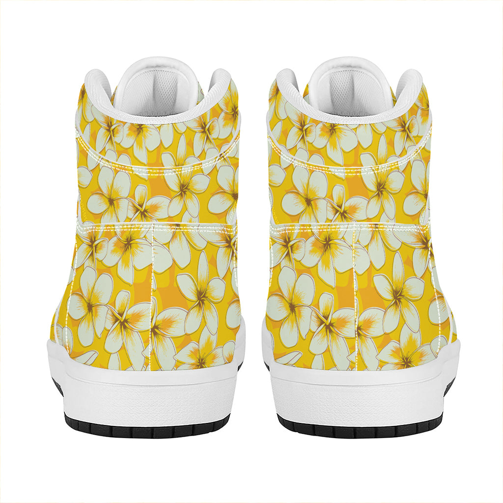 White And Yellow Plumeria Pattern Print High Top Leather Sneakers