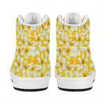 White And Yellow Plumeria Pattern Print High Top Leather Sneakers