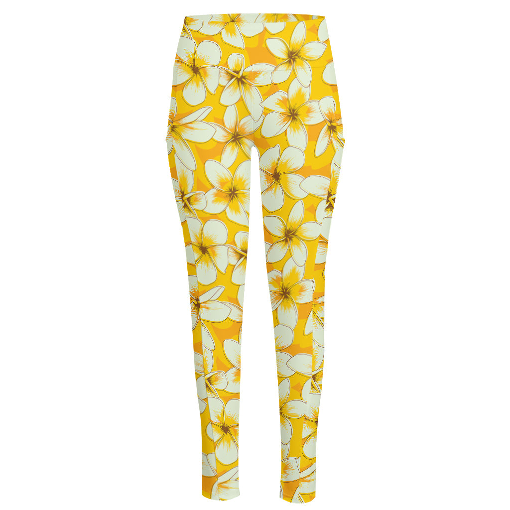 White And Yellow Plumeria Pattern Print High-Waisted Pocket Leggings