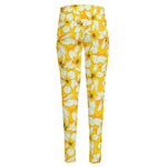 White And Yellow Plumeria Pattern Print High-Waisted Pocket Leggings