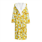 White And Yellow Plumeria Pattern Print Hooded Bathrobe