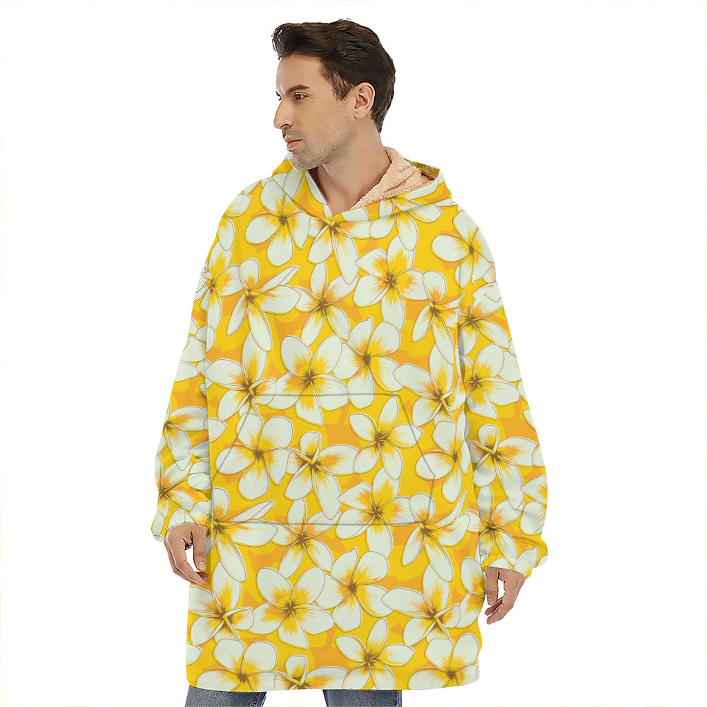 White And Yellow Plumeria Pattern Print Hoodie Blanket