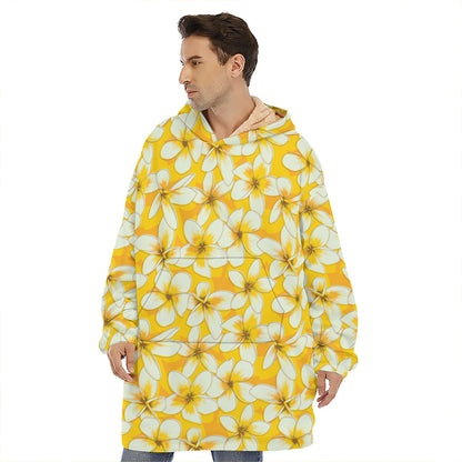 White And Yellow Plumeria Pattern Print Hoodie Blanket