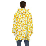 White And Yellow Plumeria Pattern Print Hoodie Blanket