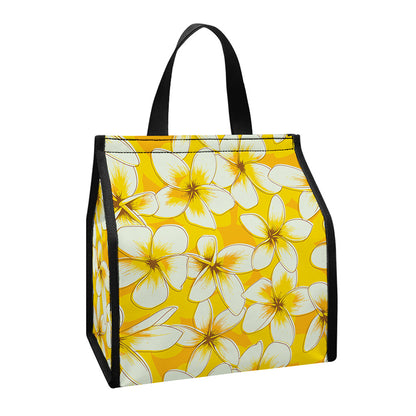 White And Yellow Plumeria Pattern Print Insulated Lunch Tote