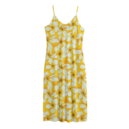 White And Yellow Plumeria Pattern Print Jersey Midi Cami Dress