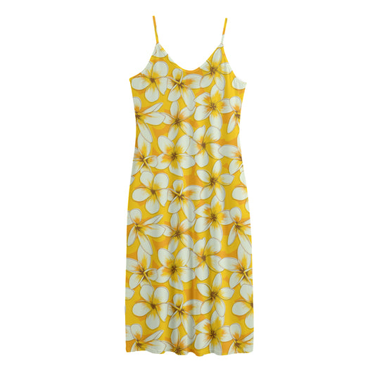 White And Yellow Plumeria Pattern Print Jersey Midi Cami Dress