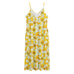 White And Yellow Plumeria Pattern Print Jersey Midi Cami Dress