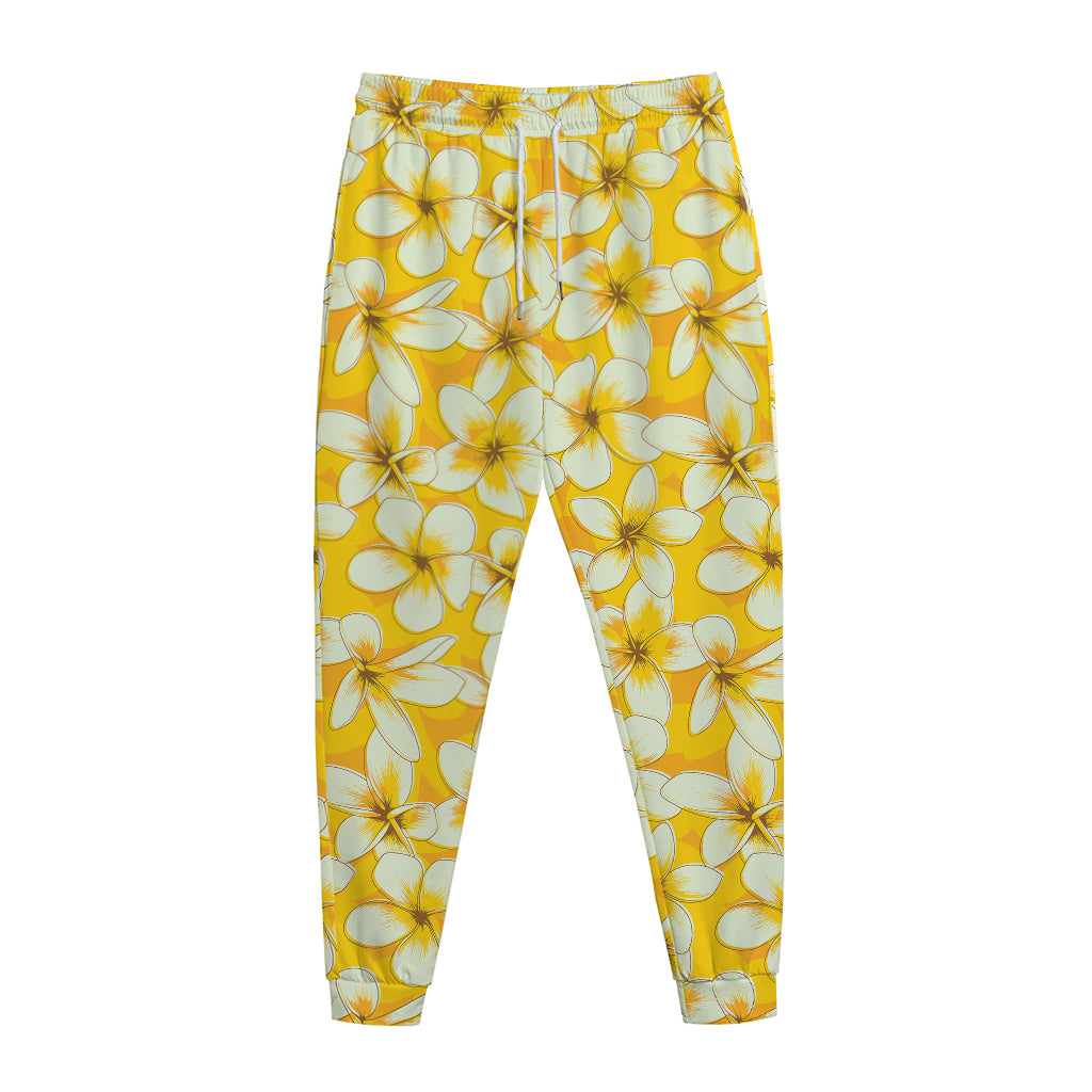 White And Yellow Plumeria Pattern Print Jogger Pants