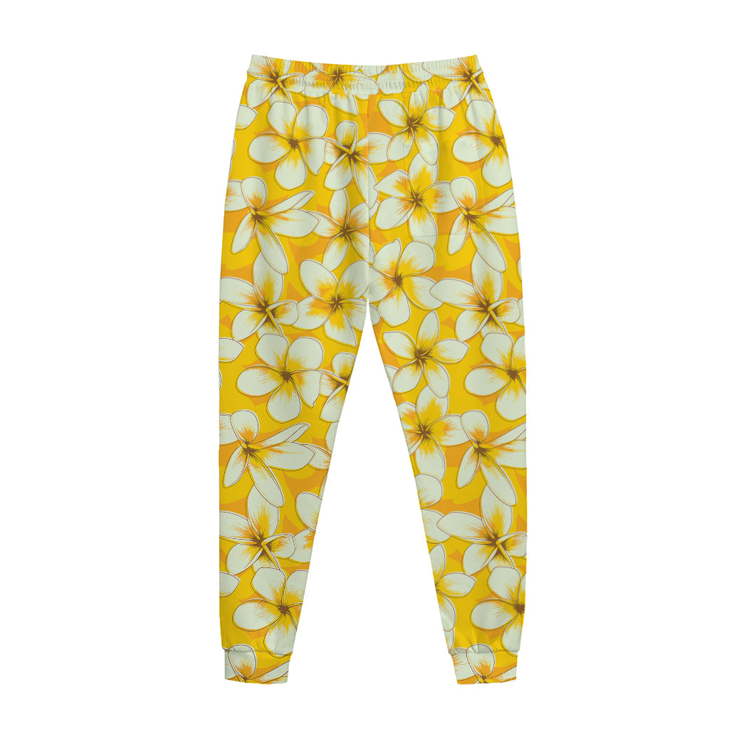 White And Yellow Plumeria Pattern Print Jogger Pants