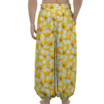White And Yellow Plumeria Pattern Print Lantern Pants